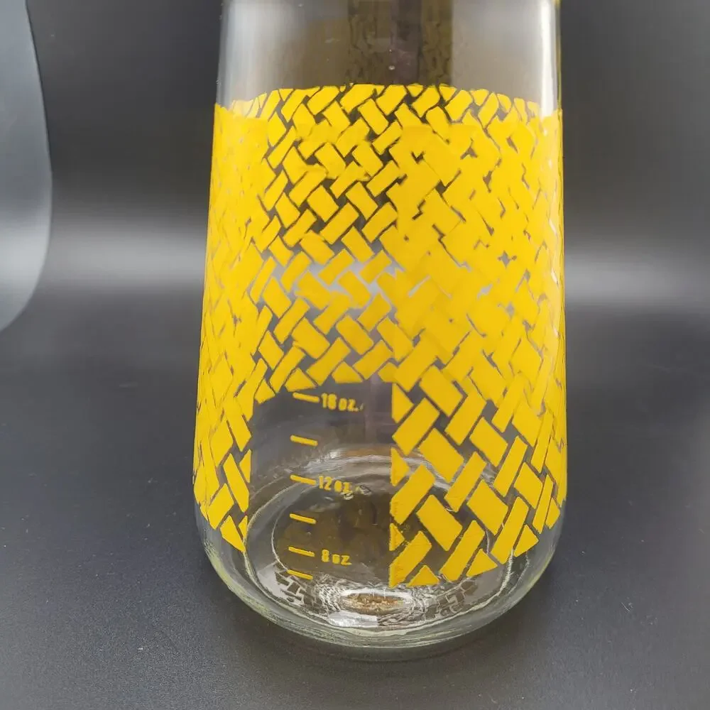 Vintage Yellow Woven Glass Pitcher Plastic Lid Mid Century Lemonade Retro